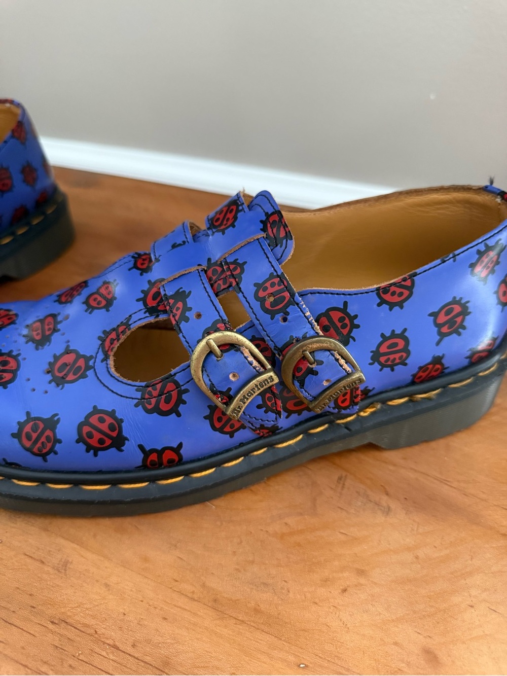Dr. Martens Women’s Blue Leather Mary Jane Flats Ladybug Print Buckle Straps - Picture 5 of 7